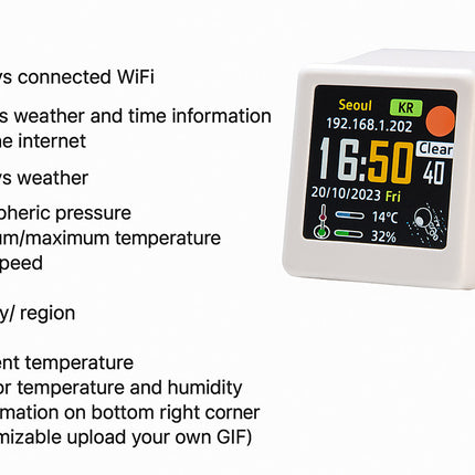 2pc Mini Smart Wi-Fi Weather Station Clock - Desktop Digital Clock with HD IPS Screen, Customizable GIF Display & 3-Day Forecast(Black)