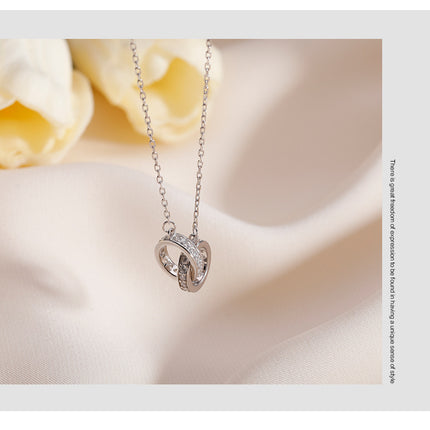 2pc Elegant Interlocking Rings Pendant Necklace with Zirconia Accents - Copper Base, Minimalist Jewelry(Rose gold)