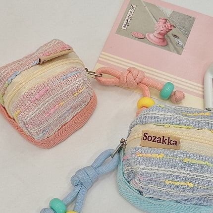 3pc Chic Woven Mini Backpack Pouch - Earphone Case & Coin Purse with Keychain Lanyard(pink)