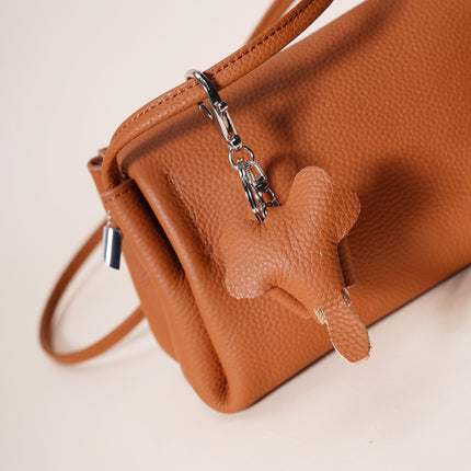 Genuine Leather Flap Crossbody Bag with Elephant Charm - Compact & Stylish Shoulder Purse(Golden brown)