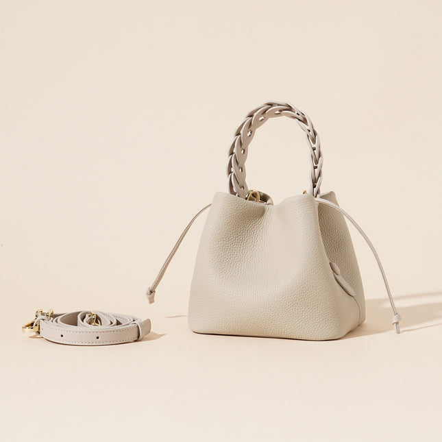 Genuine Leather Mini Bucket Bag with Braided Handle