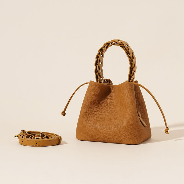 Genuine Leather Mini Bucket Bag with Braided Handle