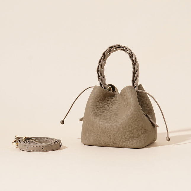 Genuine Leather Mini Bucket Bag with Braided Handle
