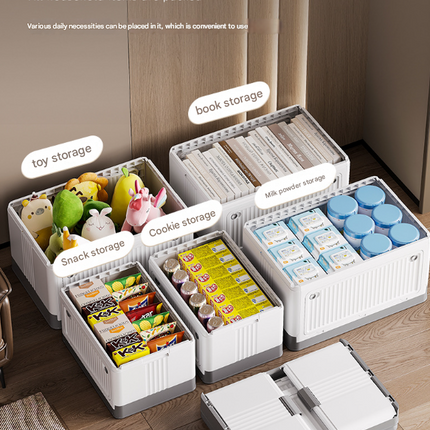 Size L Brown Collapsible Storage Box with Wheels and Telescopic Handle - Stackable Folding Crate for Car & Home