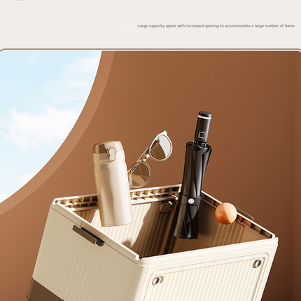 Size L Brown Collapsible Storage Box with Wheels and Telescopic Handle - Stackable Folding Crate for Car & Home