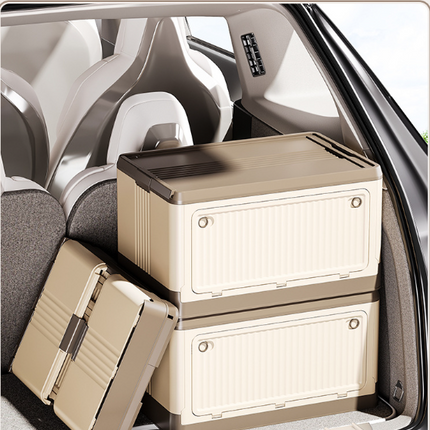 Size L Brown Collapsible Storage Box with Wheels and Telescopic Handle - Stackable Folding Crate for Car & Home