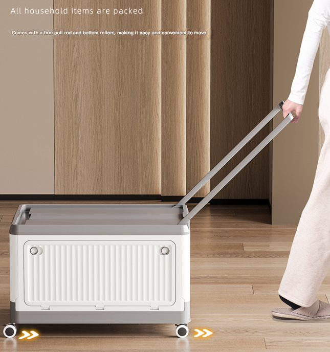Size L Grey Collapsible Storage Box with Wheels and Telescopic Handle