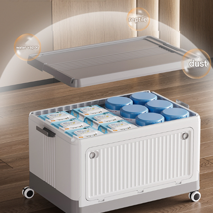 Size L Grey Collapsible Storage Box with Wheels and Telescopic Handle - Stackable Folding Crate for Car & Home