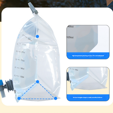1 Piece Grey 8L Foldable Water Bag - Large Capacity Portable Water Carrier with Spigot for Camping & Outdoors