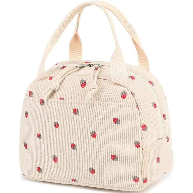 Beige Strawberry Pattern Corduroy Lunch Bag