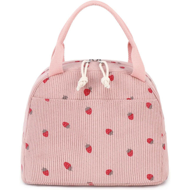 Pink Strawberry Pattern Corduroy Lunch Bag