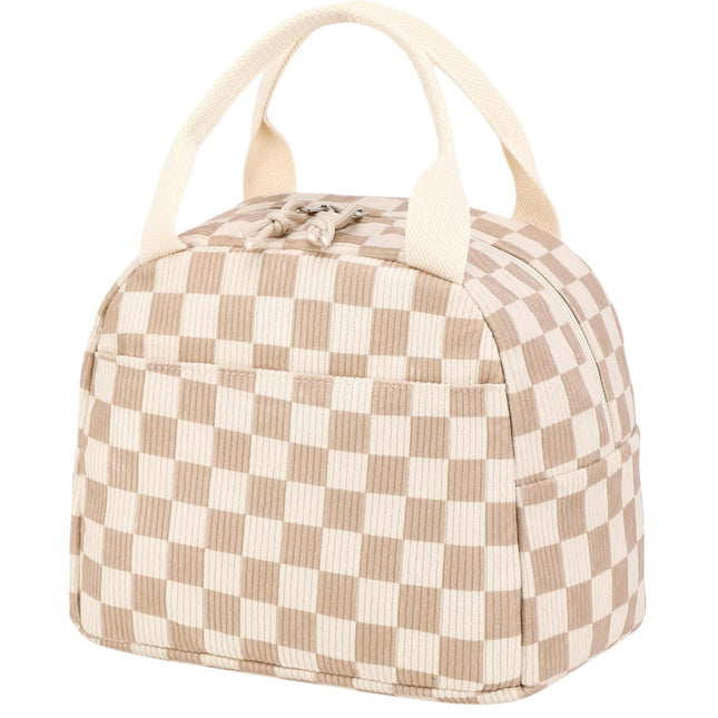 Beige Checkered Pattern Corduroy Lunch Bag