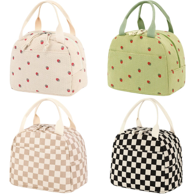 Beige Checkered Pattern Corduroy Lunch Bag – product detail