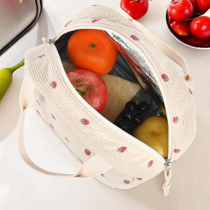 Beige Checkered Pattern Corduroy Lunch Bag - Insulated Thermal Cooler Tote for School Work and Picnics