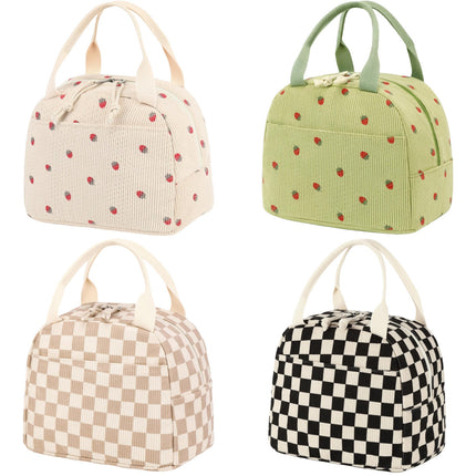 Black and White Checkered Pattern Corduroy Lunch Bag - Insulated Thermal Cooler Tote for School Work and Picnics