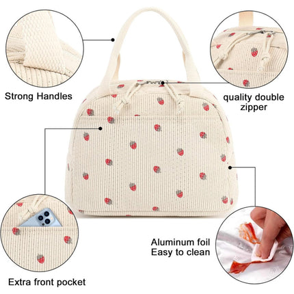 Black and White Checkered Pattern Corduroy Lunch Bag - Insulated Thermal Cooler Tote for School Work and Picnics