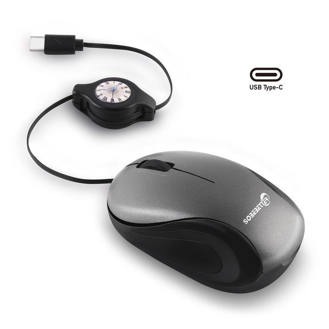 Grey and Black Portable Mini USB-C Mouse with Retractable Cable