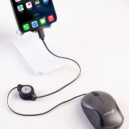 Grey and Black Portable Mini USB-C Mouse with Retractable Cable - Silent Click Travel Mouse for Laptop, MacBook, Tablet