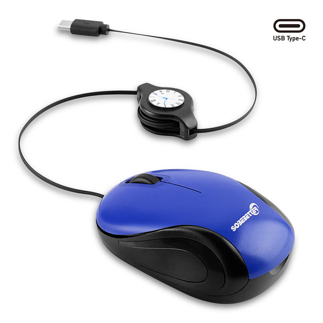 Blue and Black Portable Mini USB-C Mouse with Retractable Cable