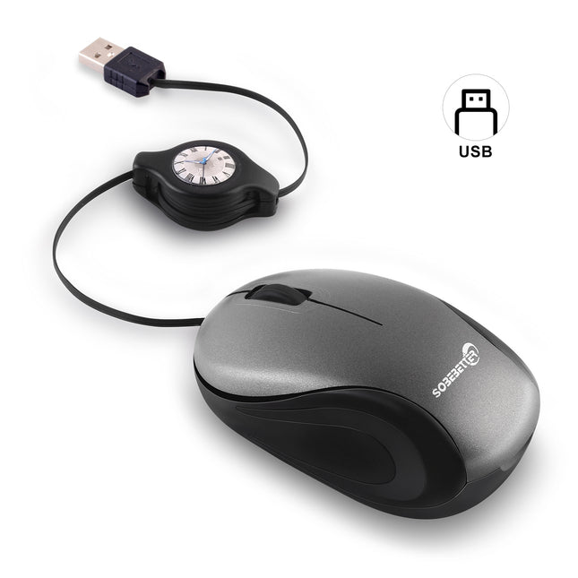 Grey and Black Portable Mini USB Mouse with Retractable Cable