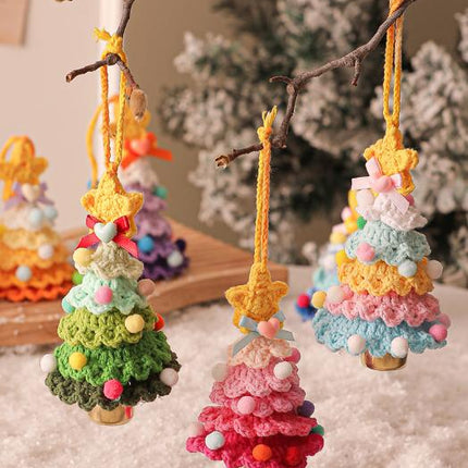 2 Pcs Style A Yellow and Pink Handmade Crochet Christmas Tree Ornament - Festive Hanging Decoration with Jingle Bell