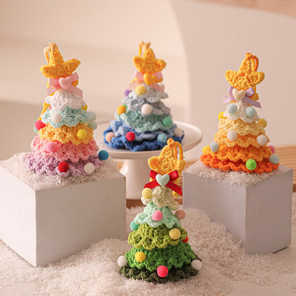 2 Pcs Style C Yellow and Green Handmade Crochet Christmas Tree Ornament - Festive Hanging Decoration with Jingle Bell
