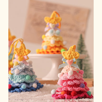 2 Pcs Style C Yellow and Green Handmade Crochet Christmas Tree Ornament - Festive Hanging Decoration with Jingle Bell