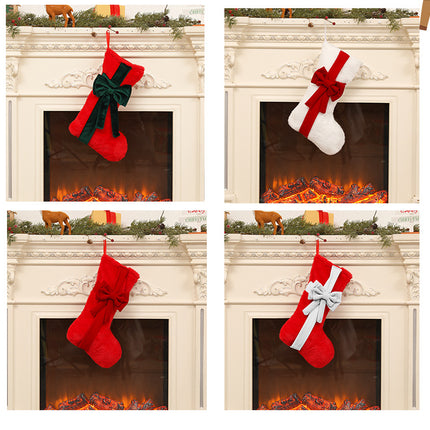 2 Pcs Red Stitching White Bow Luxurious Velvet Christmas Stocking with Elegant Bow - Large 45cm Holiday Mantel Decoration