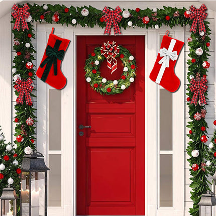 2 Pcs Red Stitching White Bow Luxurious Velvet Christmas Stocking with Elegant Bow - Large 45cm Holiday Mantel Decoration