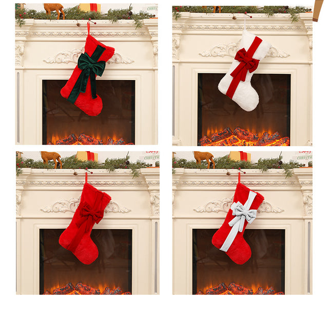 2 Pcs Red Stitching Green Bow Luxurious Velvet Christmas Stocking with Elegant Bow – product detail
