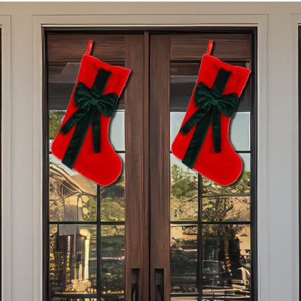 2 Pcs Red Stitching Green Bow Luxurious Velvet Christmas Stocking with Elegant Bow - Large 45cm Holiday Mantel Decoration