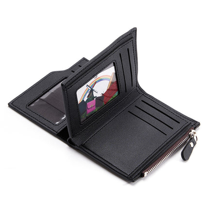 Black Men's Slim Vertical Bifold Wallet - PU Leather Card Holder with Zipper Coin Pocket and ID Window
