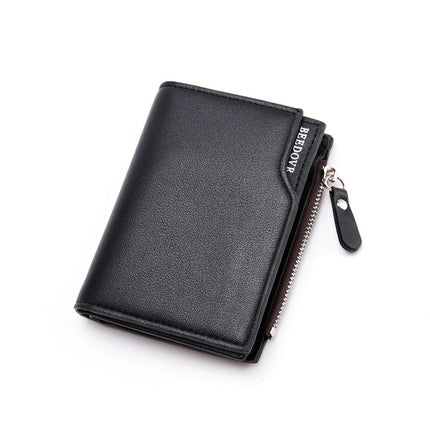 Brown Men's Slim Vertical Bifold Wallet - PU Leather Card Holder with Zipper Coin Pocket and ID Window
