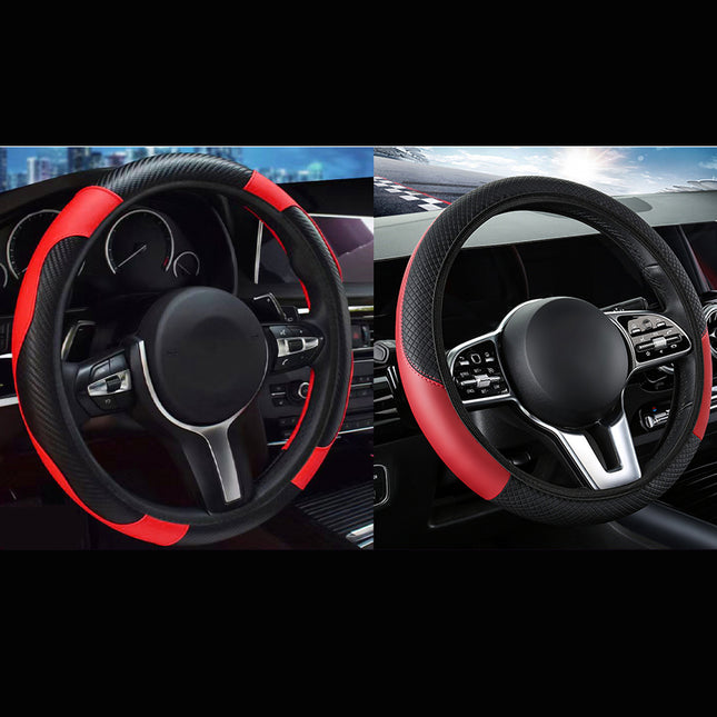 2-Pack (Type A Plus Type B) Red And Black Sporty Carbon Fiber Leather Steering Wheel Cover