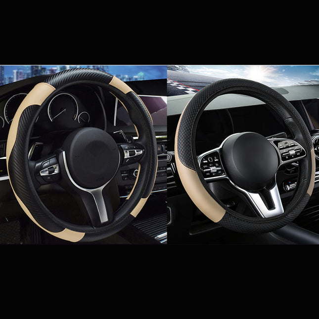 2-Pack (Type A Plus Type B) Beige And Black Sporty Carbon Fiber Leather Steering Wheel Cover