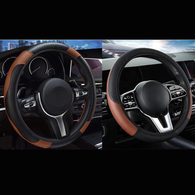 2-Pack (Type A Plus Type B) Brown And Black Sporty Carbon Fiber Leather Steering Wheel Cover