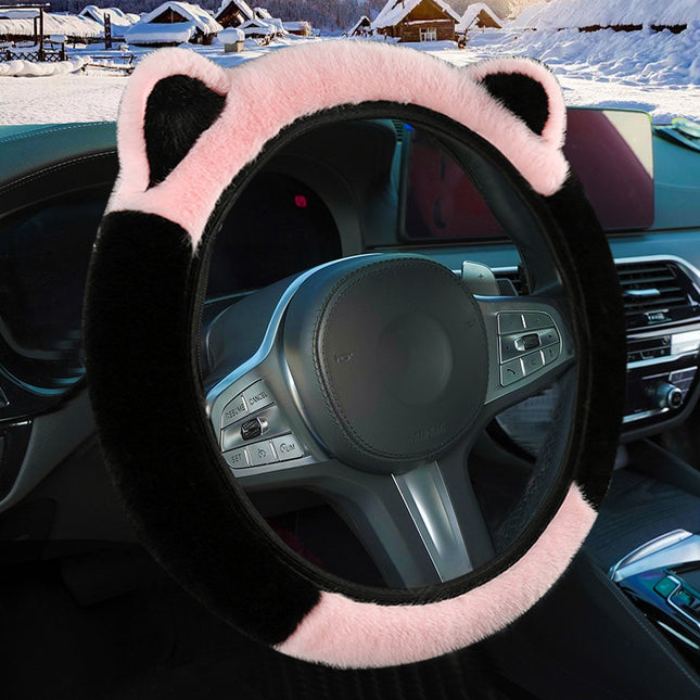 Pink Stitching Black Plush Cat Ear Steering Wheel Cover