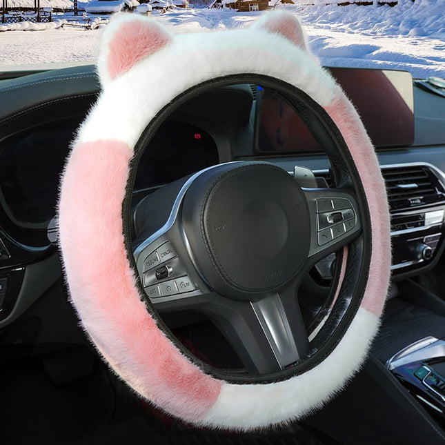 Pink Stitching White Plush Cat Ear Steering Wheel Cover