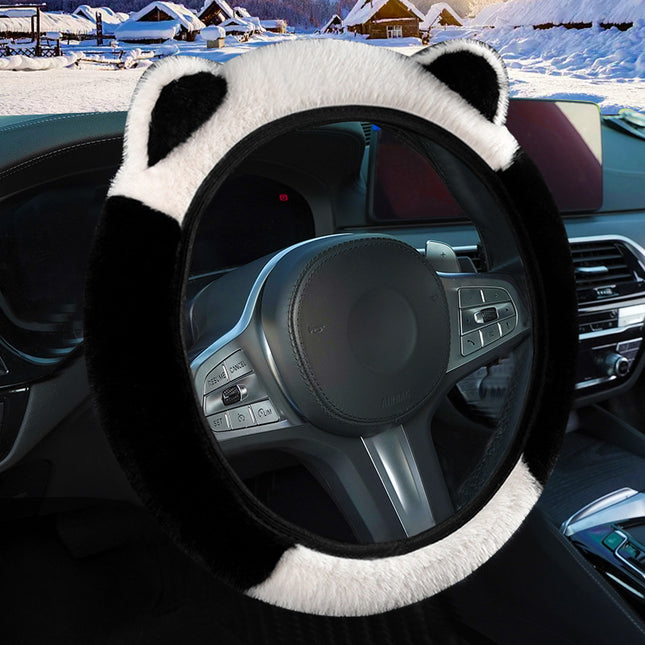 Black Stitching White Plush Cat Ear Steering Wheel Cover