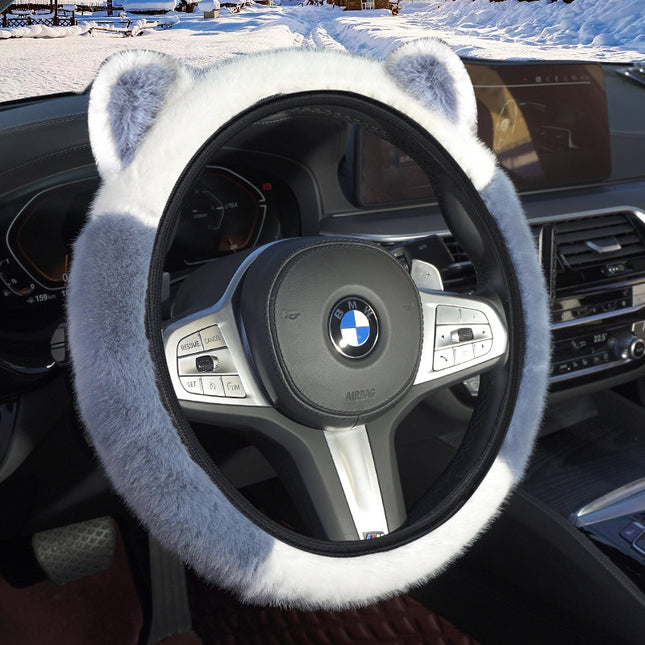 Blue Stitching White Plush Cat Ear Steering Wheel Cover