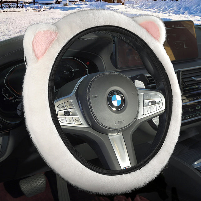 White Plush Cat Ear Steering Wheel Cover
