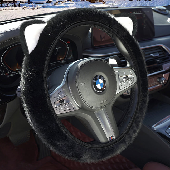 Black Plush Cat Ear Steering Wheel Cover