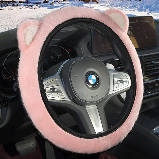 Pink Plush Cat Ear Steering Wheel Cover