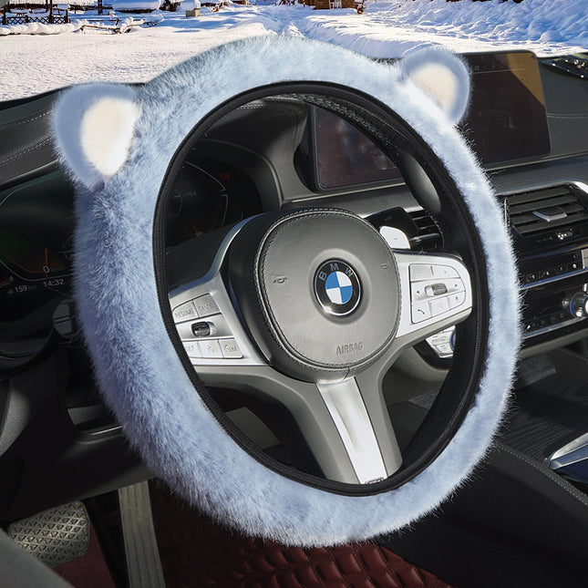 Blue Plush Cat Ear Steering Wheel Cover
