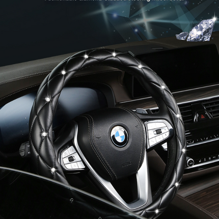 Black and White Luxury Bling Steering Wheel Cover - Black Quilted Leather with Crystal Rhinestones, Universal 38cm Fit