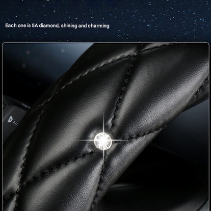 Black and White Luxury Bling Steering Wheel Cover - Black Quilted Leather with Crystal Rhinestones, Universal 38cm Fit