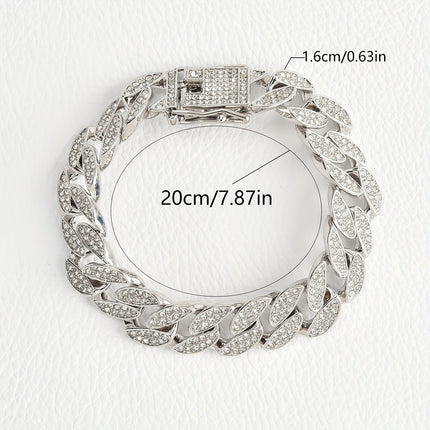 Silver 16mm Iced Out Cuban Link Bracelet - Heavy Paved Rhinestone Hip Hop Chain for Men