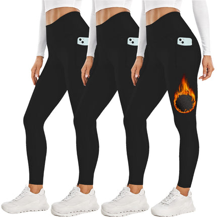Size M Black Women's Mid Waist Plush Leggings with Pockets – hardware detail