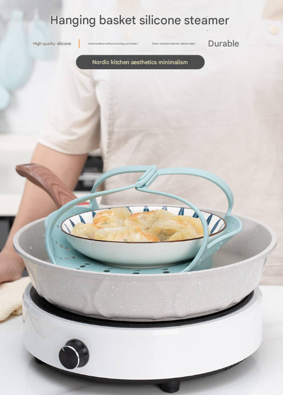Small Pink Flexible Silicone Steamer Basket with Heat-Resistant Handles – product detail