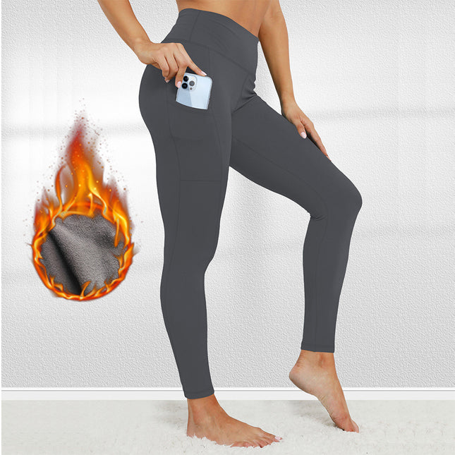Size XXL Grey Women's Mid Waist Plush Leggings with Pockets